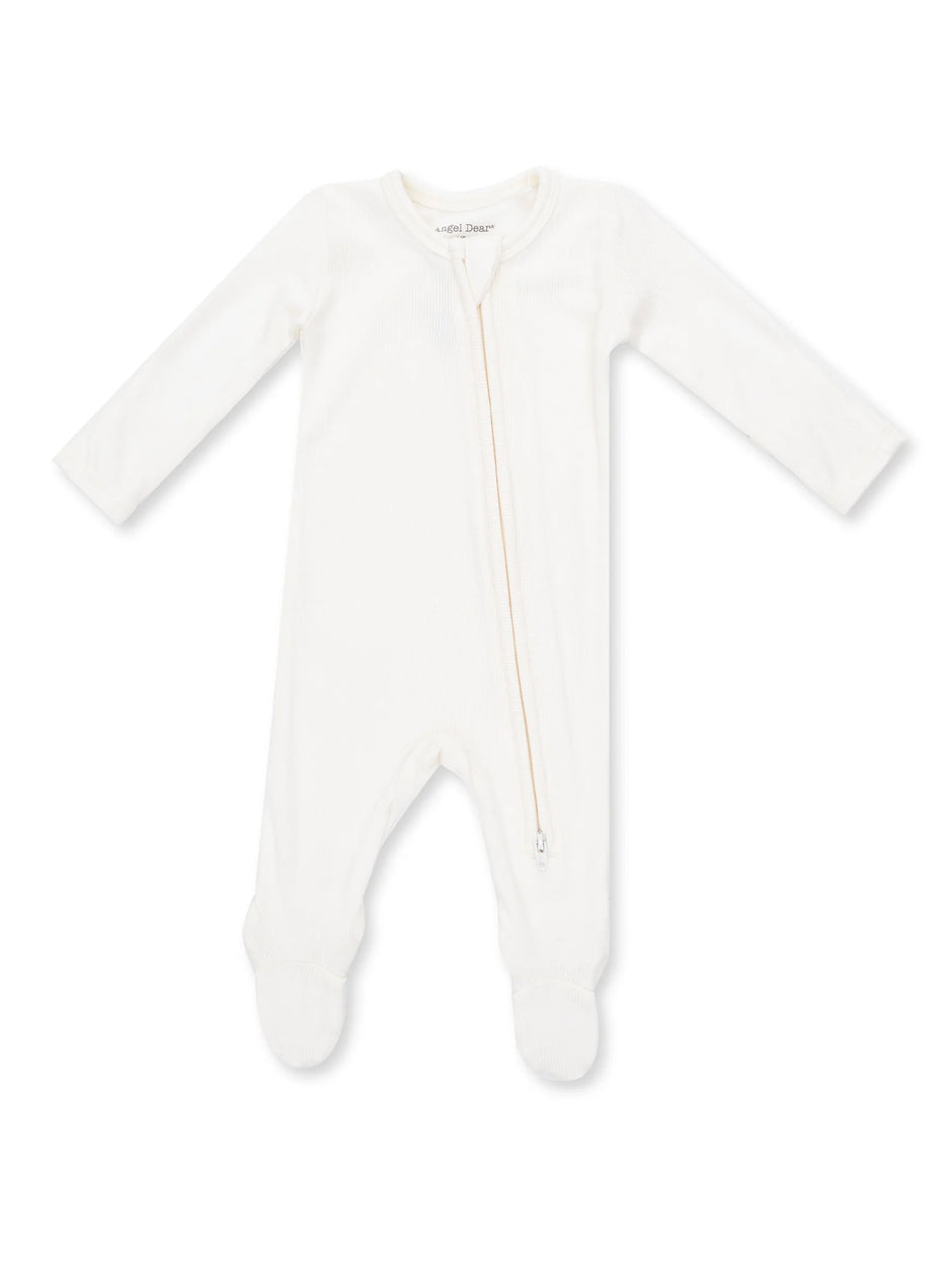 White long-sleeve baby onesie with a front zipper and footed design, ideal for comfort and warmth.