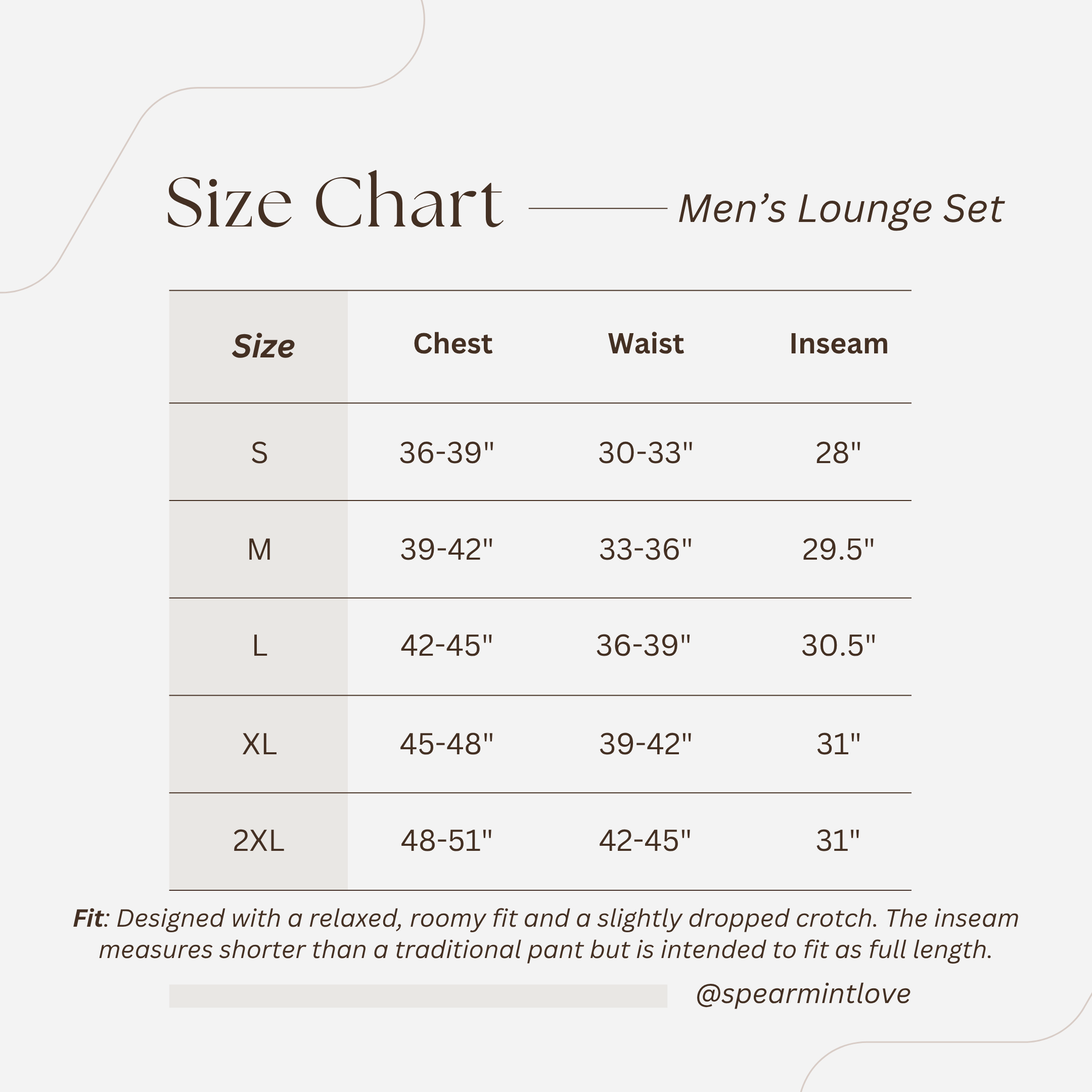 Size chart for men's lounge set with measurements for chest, waist, and inseam, featuring sizes S to 2XL.