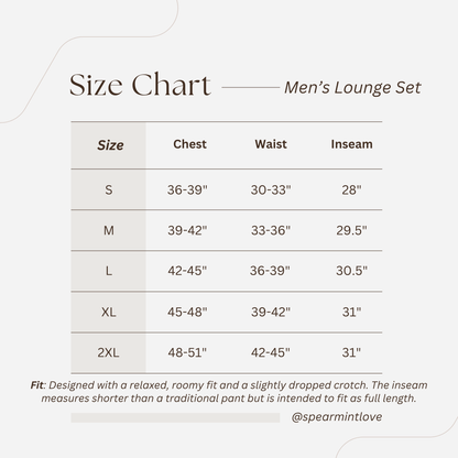 Size chart for men's lounge set with measurements for chest, waist, and inseam, featuring sizes S to 2XL.