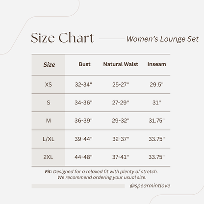 women’s lounge set size chart showing bust, waist, and inseam measurements for XS to 2XL, with fit guidance.