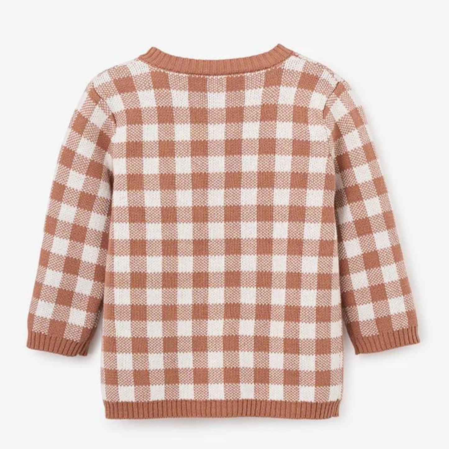 Brown and white checkered sweater, back view, featuring long sleeves and a round neckline.