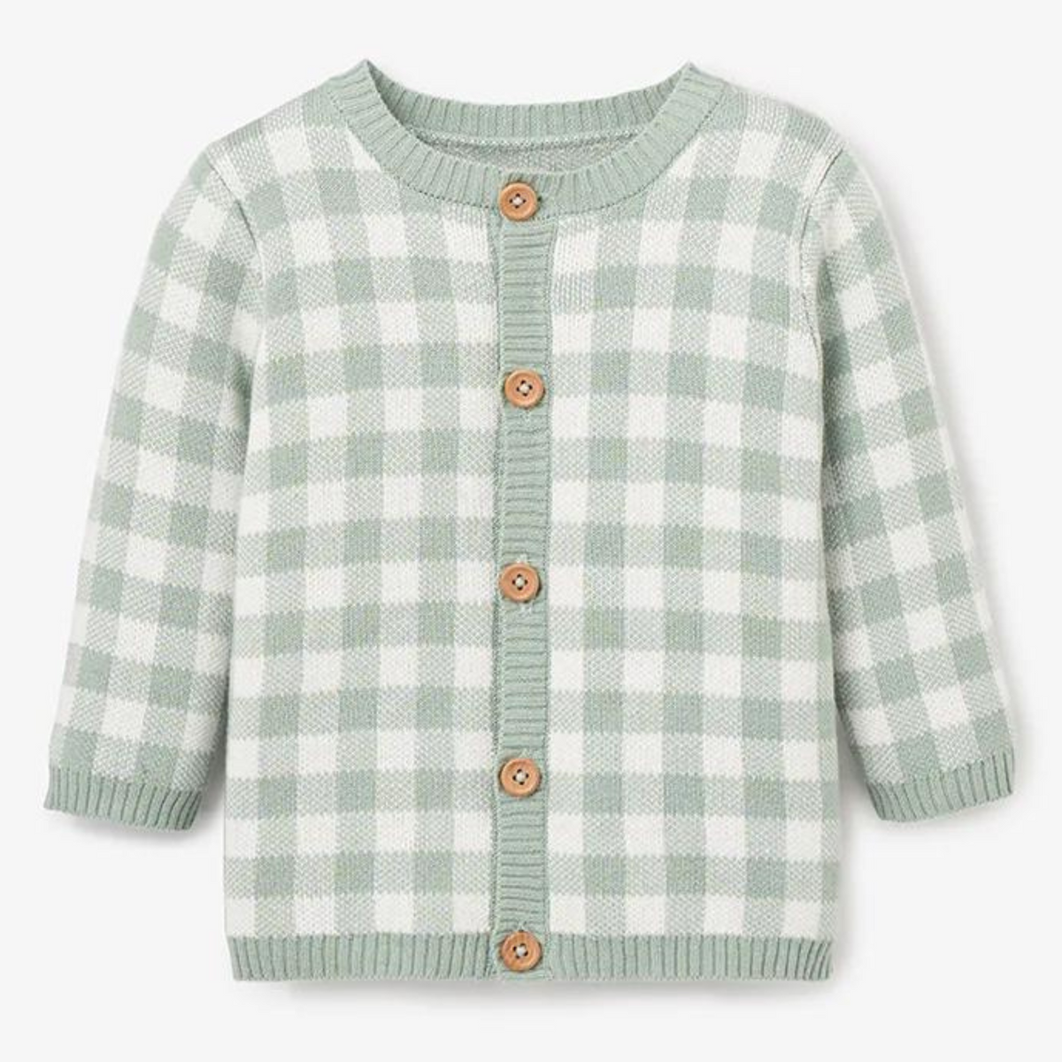 Light green and white checkered cardigan with wooden buttons and round neckline. Ideal for casual wear.