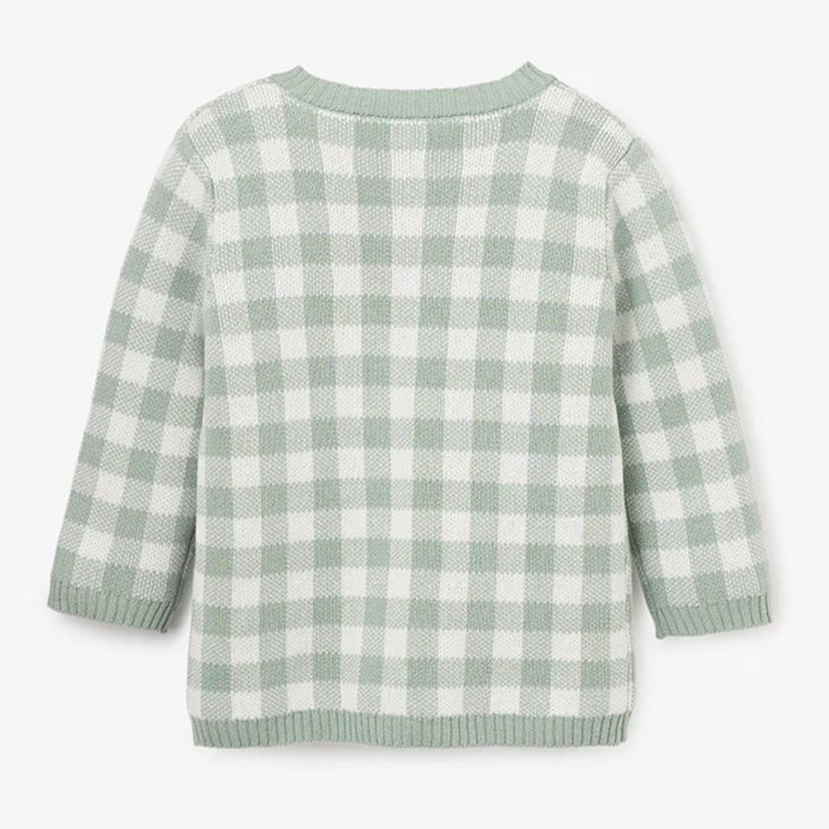 Light green and white checkered sweater, viewed from the back, featuring long sleeves and a rounded neckline.