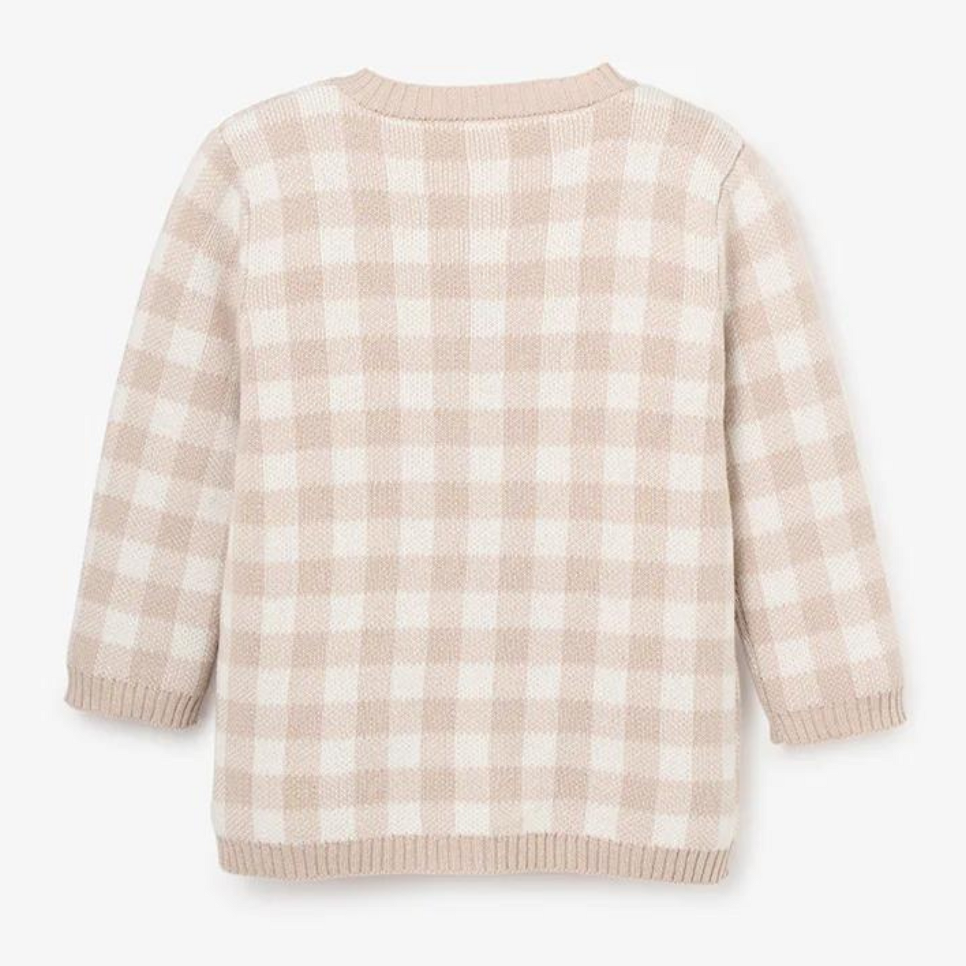 Beige and white checked sweater, featuring a relaxed fit and long sleeves, shown from the back.