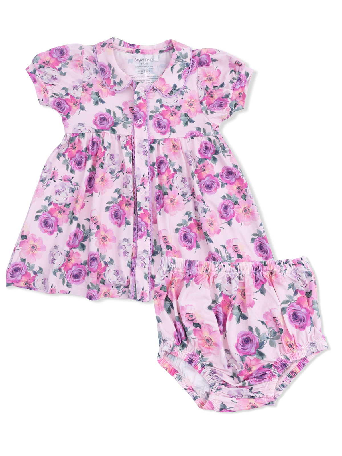 Pink floral dress with matching bloomers, featuring roses and green leaves, ideal for infants.