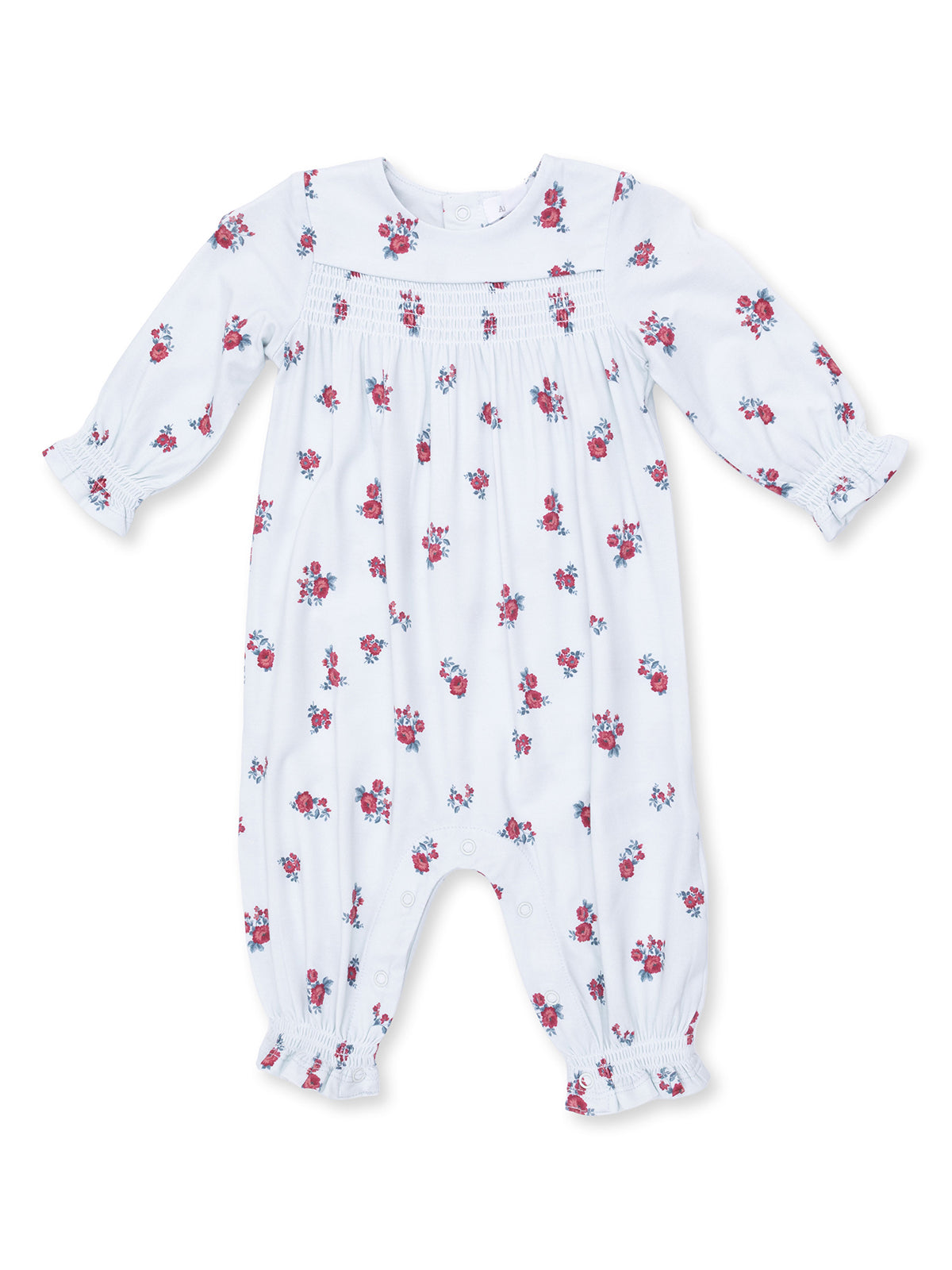 White floral baby romper with long sleeves and button closure, featuring small red rose patterns throughout.