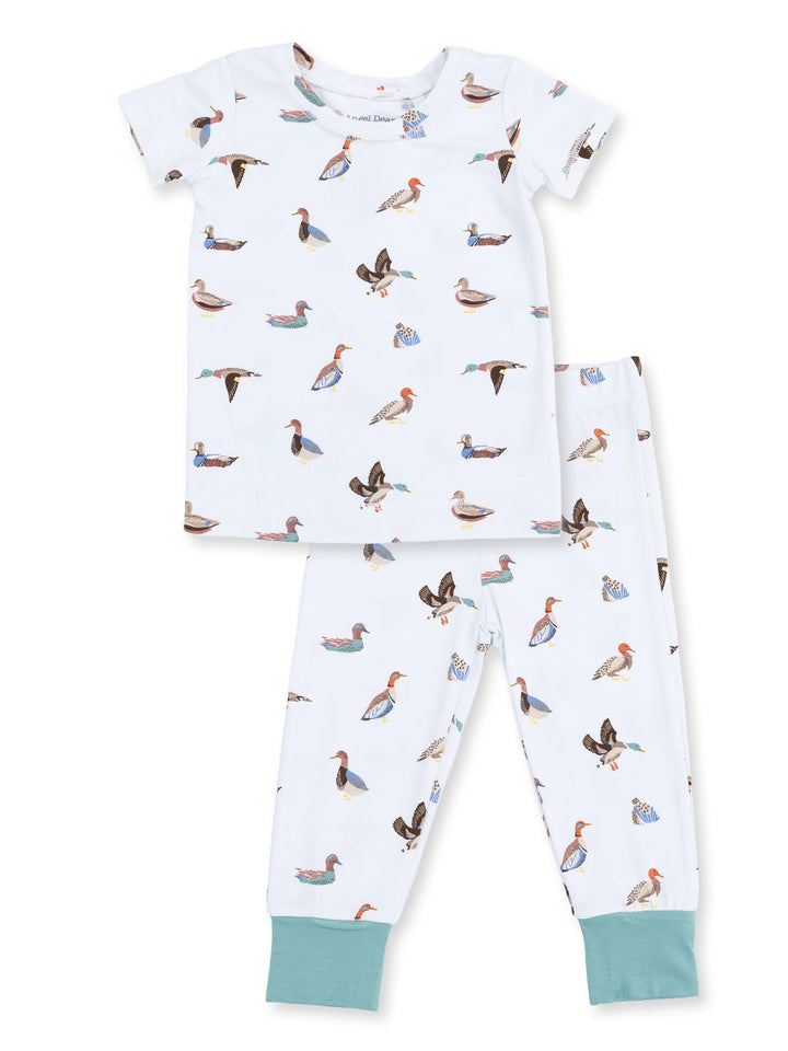 Children's pajama set featuring a white top and pants with colorful bird patterns. Ideal for comfort and sleep.