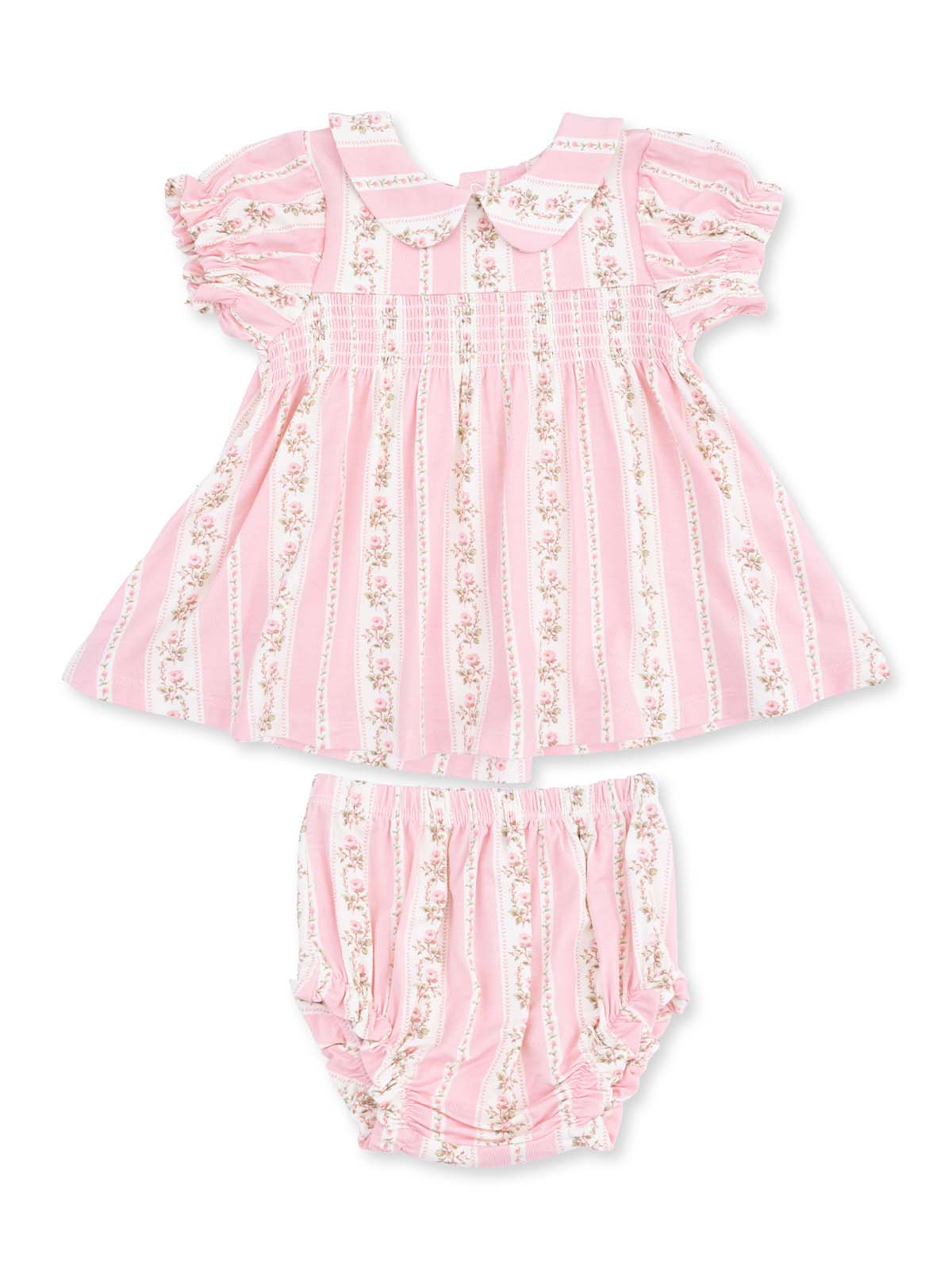 Pink floral dress set for children with striped pattern and matching bloomers. Ideal for warm weather outfits.