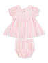 Pink floral dress set for children with striped pattern and matching bloomers. Ideal for warm weather outfits.