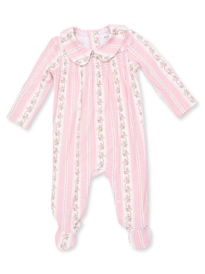 Pink and white striped baby onesie with floral accents and a Peter Pan collar.