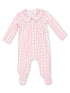 Pink and white striped baby onesie with floral accents and a Peter Pan collar.