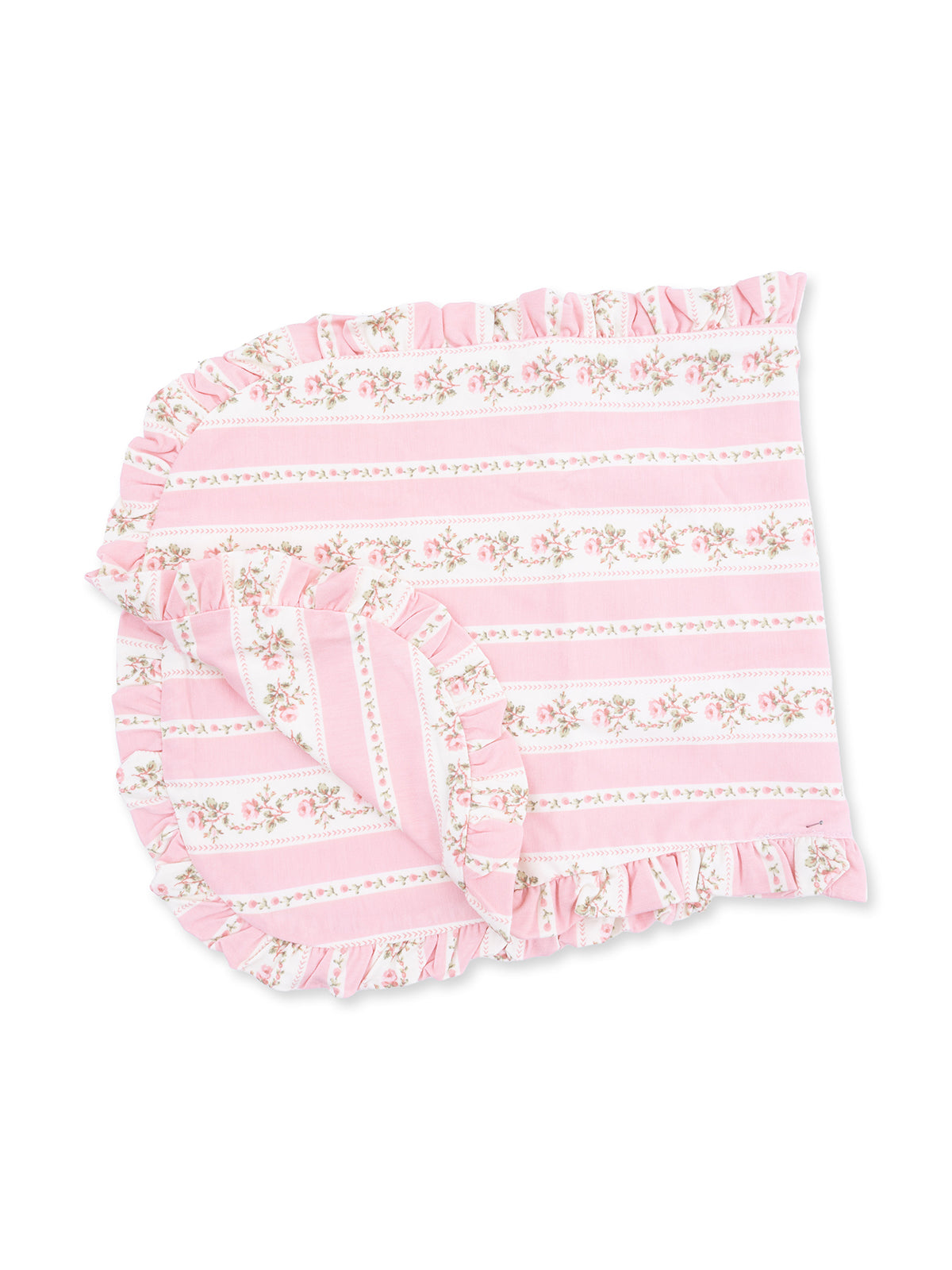 Pink striped blanket with floral accents and ruffled edges, soft and cozy for a nursery or child’s room.