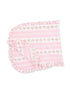 Pink striped blanket with floral accents and ruffled edges, soft and cozy for a nursery or child’s room.