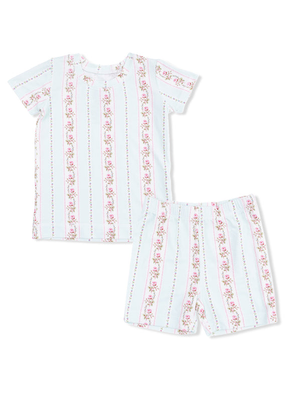Light blue kids' pajama set with floral stripes, featuring a short-sleeve shirt and matching shorts.