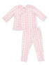 Pink striped children's pajamas with floral accents, featuring a long-sleeve top and matching pants.
