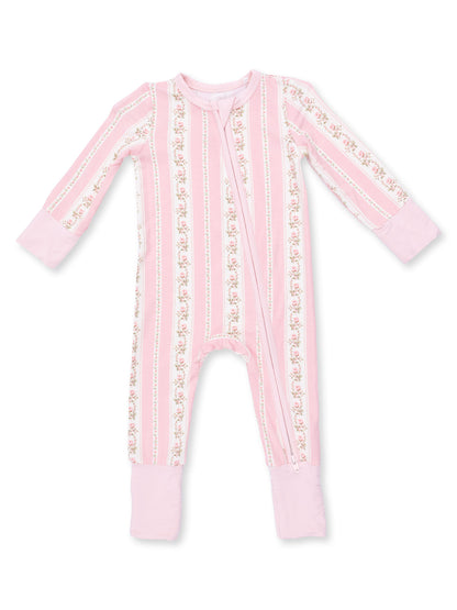 Pink striped infant onesie with floral accents and zipper, designed for comfort and ease of wear.