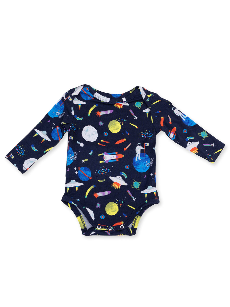 Space-themed baby onesie with vibrant patterns of planets, rockets, and astronauts on a navy background.