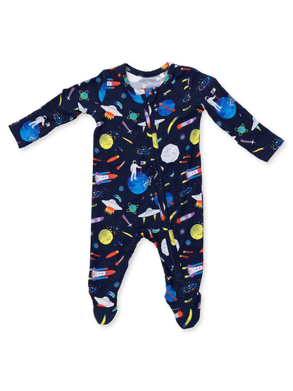 Navy blue baby onesie with colorful space-themed prints, including rockets, planets, and astronauts.