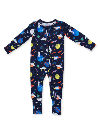 Navy blue pajama onesie with colorful space-themed prints of rockets, planets, and astronauts.