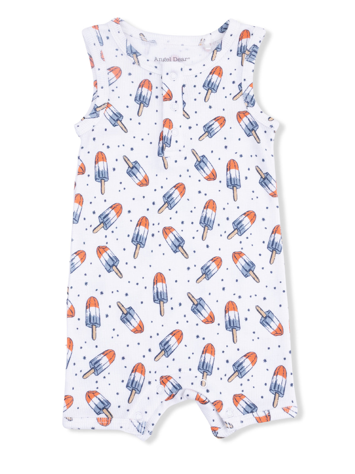 White romper with colorful popsicle pattern, featuring orange, blue, and white. Ideal for summer wear.
