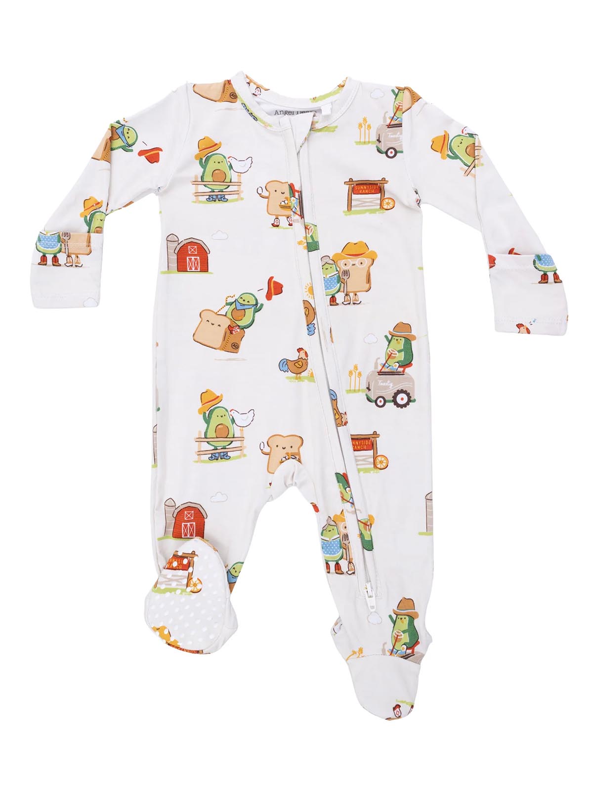 White zip-up onesie featuring playful farm-themed illustrations of animals and food characters.