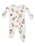 White zip-up onesie featuring playful farm-themed illustrations of animals and food characters.