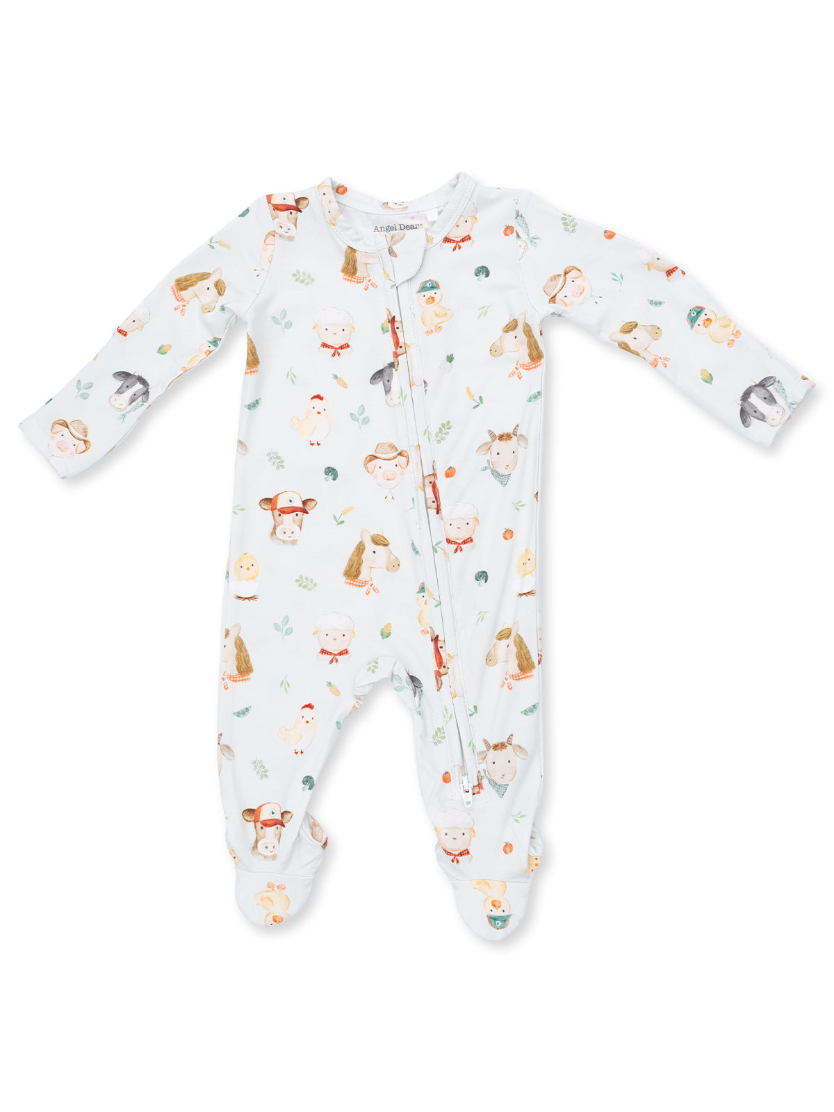 Light blue infant onesie featuring playful animal illustrations and a front zipper closure. Soft and cozy fabric.