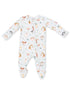 Light blue infant onesie featuring playful animal illustrations and a front zipper closure. Soft and cozy fabric.