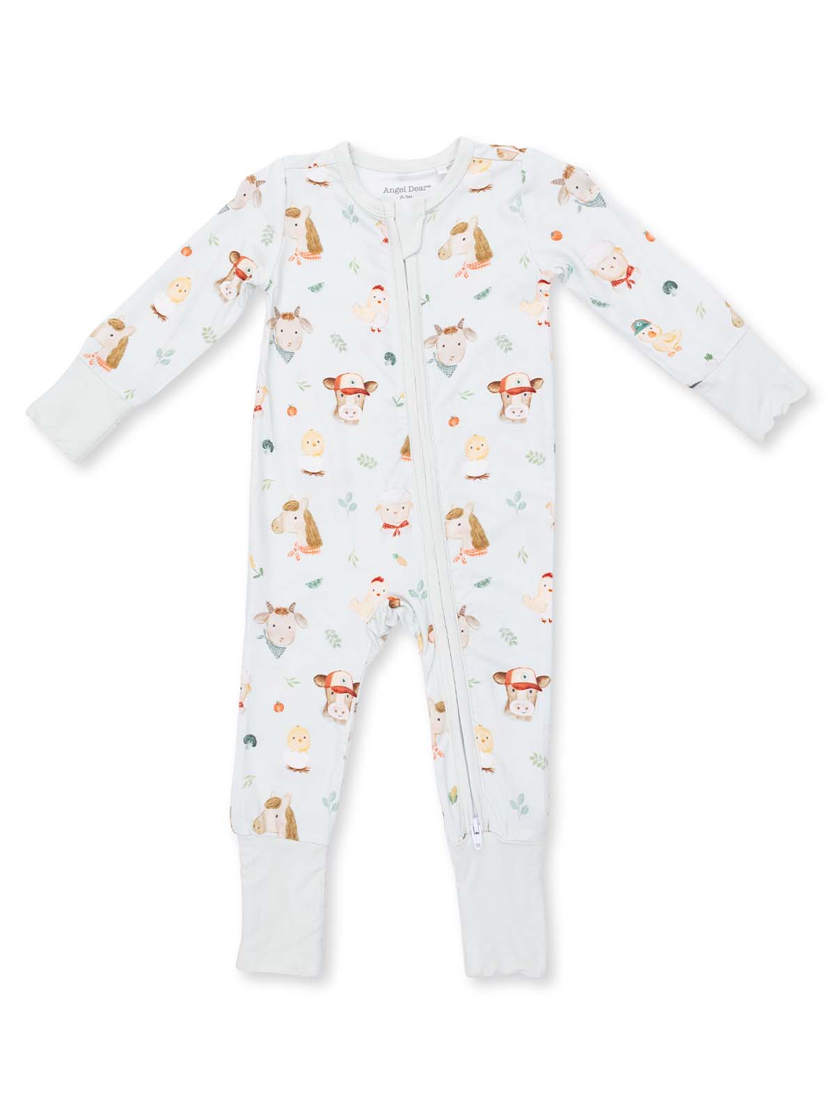 Children's zip-up onesie featuring a playful animal print with cows, chickens, and cute designs.