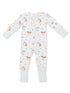 Children's zip-up onesie featuring a playful animal print with cows, chickens, and cute designs.