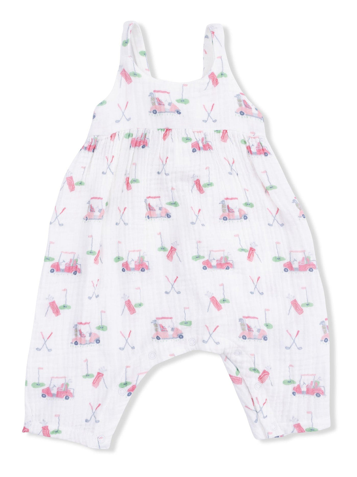 White toddler romper with a colorful golf cart and golf-themed prints. Ideal for playful outdoor adventures.