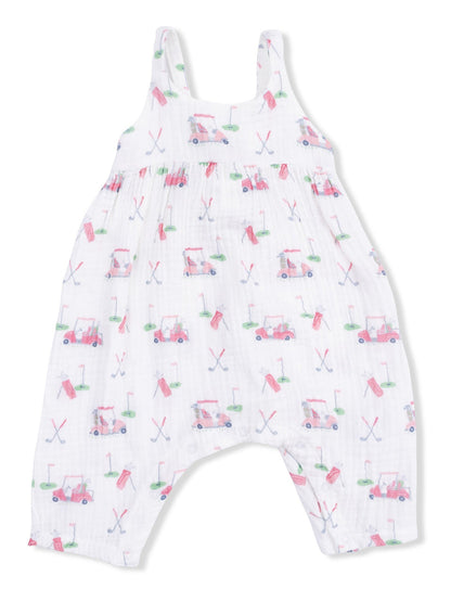 White toddler romper with a colorful golf cart and golf-themed prints. Ideal for playful outdoor adventures.