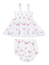Girls' dress and bloomers set with playful golf-themed prints in pastel colors. Adjustable straps and soft fabric.