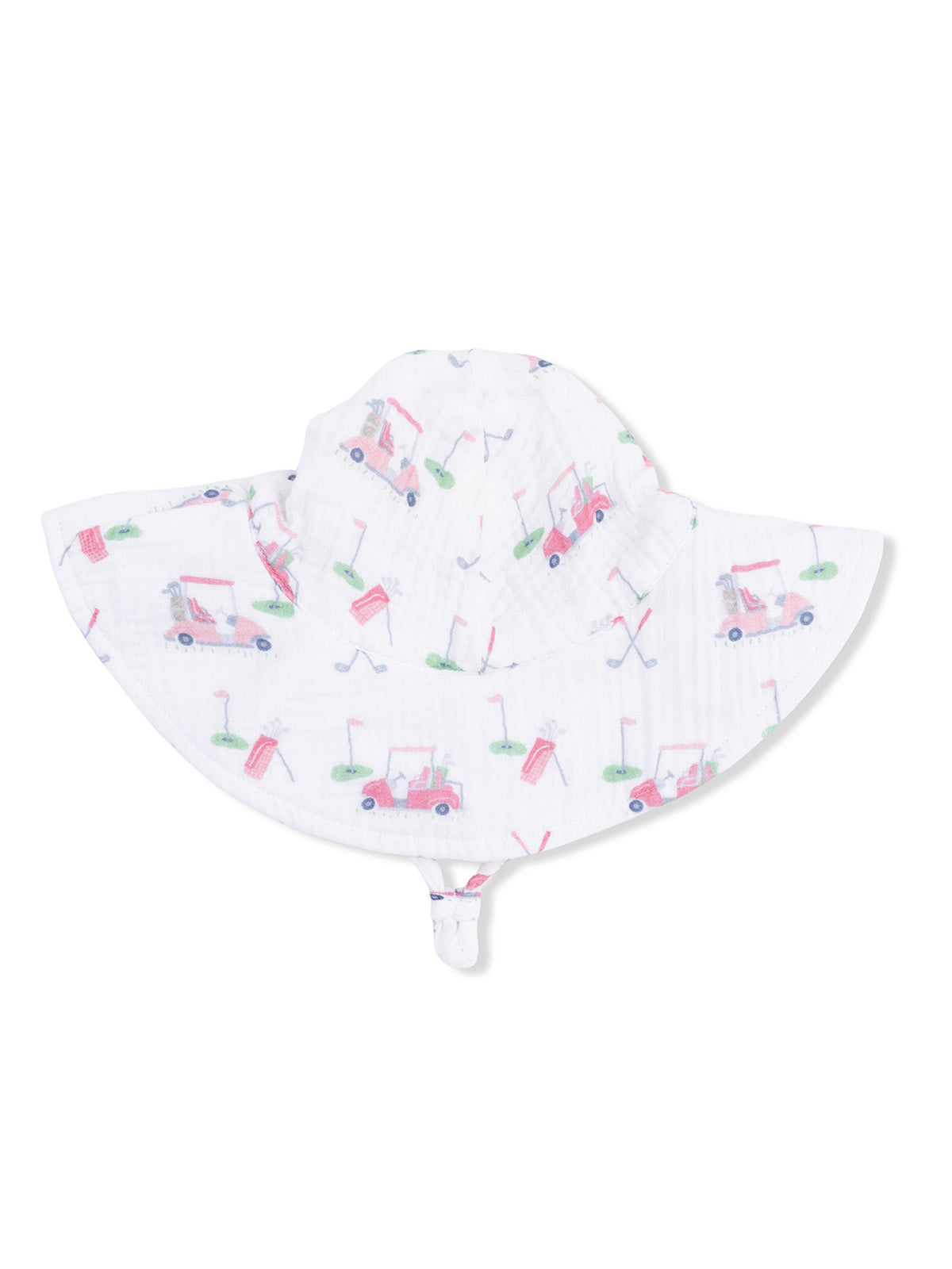 White sun hat with golf-themed patterns, including golf carts, clubs, and flags. Perfect for sunny days on the course.