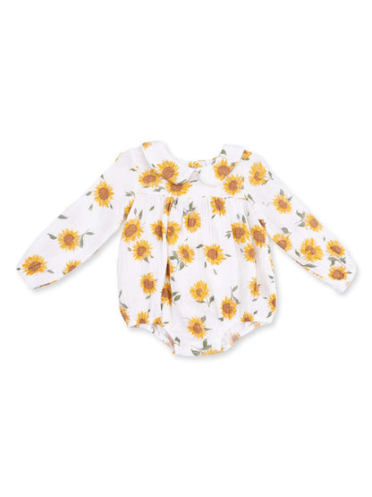 White long-sleeve baby bodysuit with yellow sunflower prints. Ideal for spring and summer wear.