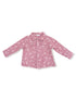 Red floral long-sleeve shirt laid flat, featuring a button-up front and collared neckline.