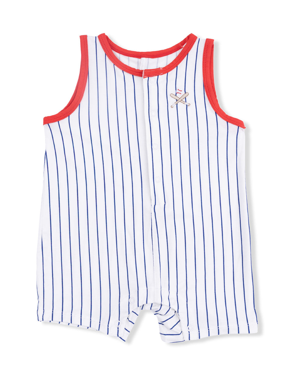 Blue and white striped sleeveless romper with red trim and baseball bat embroidery.