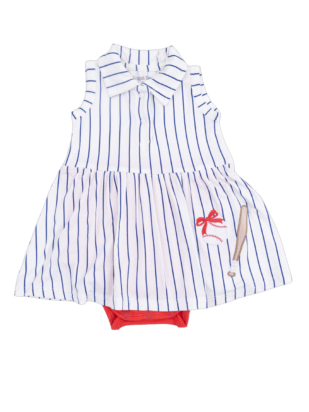 Striped toddler dress with baseball design and attached red bodysuit underneath.