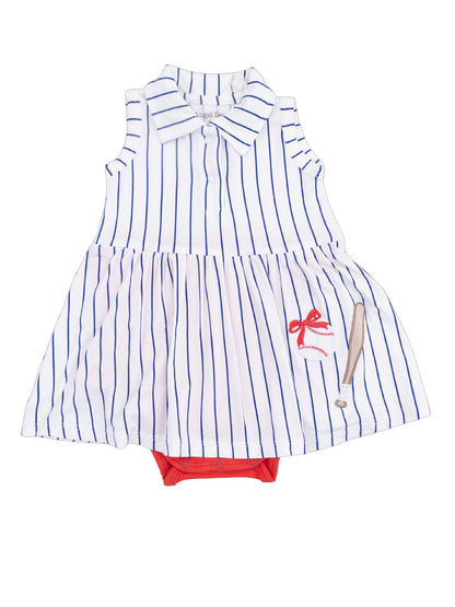 Striped toddler dress with baseball design and attached red bodysuit underneath.