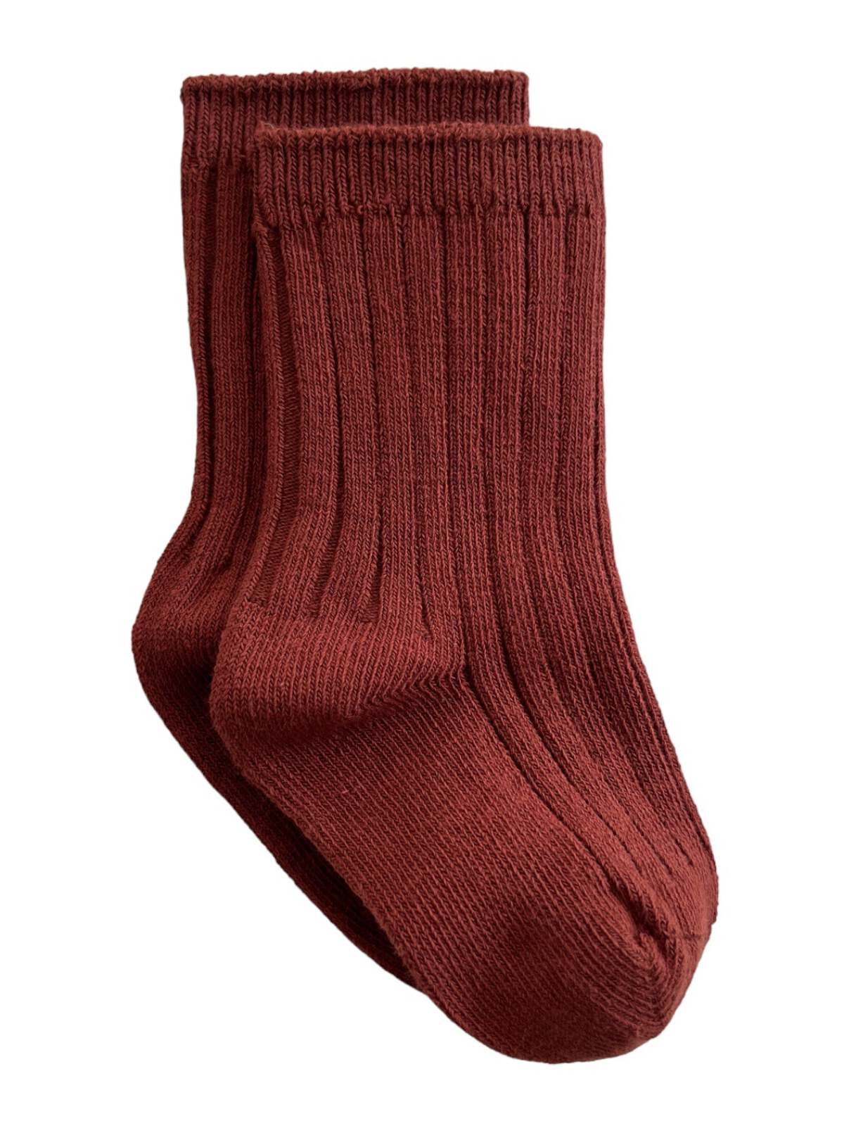Pair of ribbed burgundy socks displayed together on a white background.