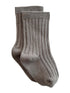 Pair of gray ribbed socks displayed on a white background.