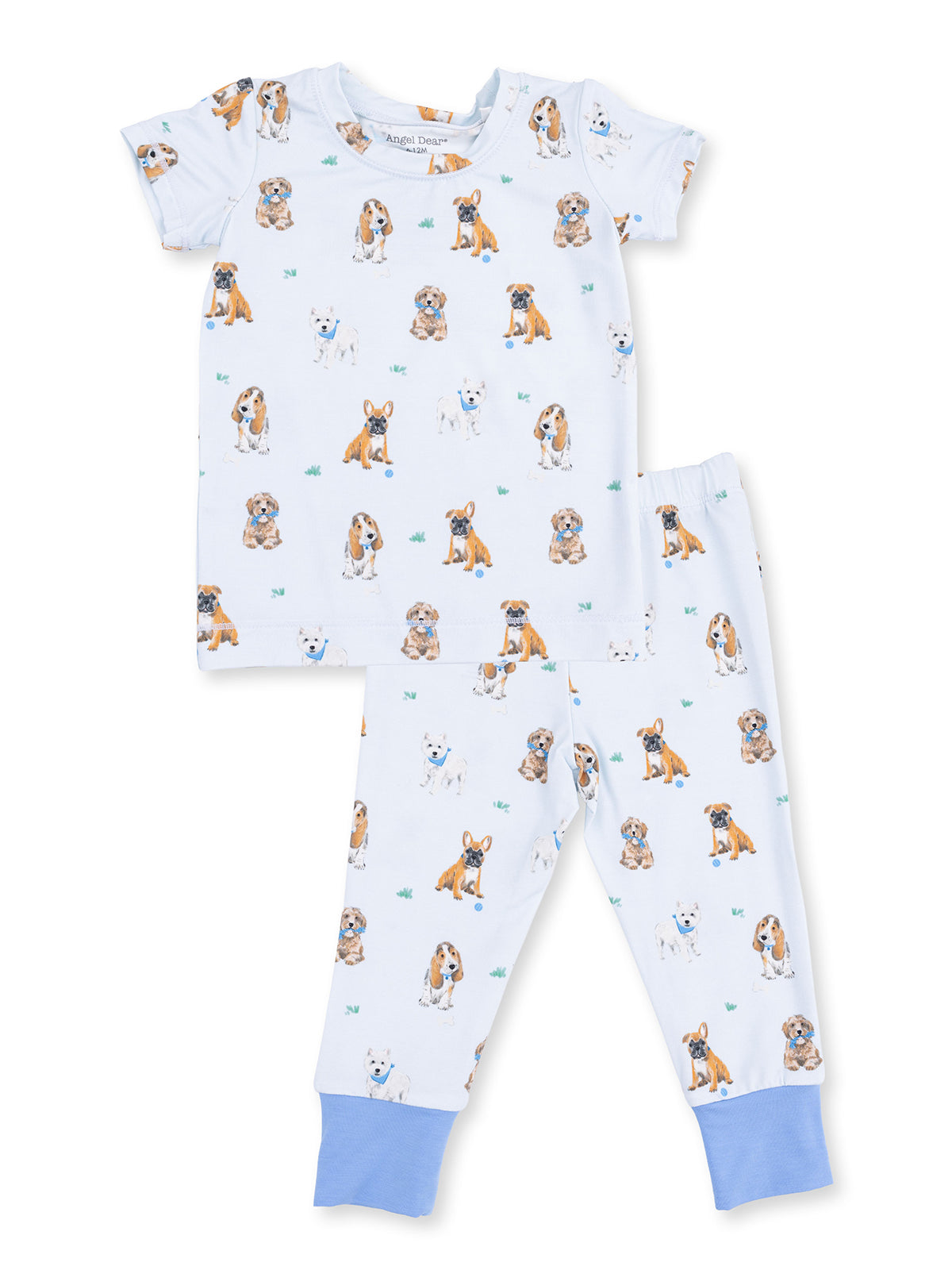 Light blue pajamas with a playful dog print, featuring short sleeves and comfy pants with blue cuffs.