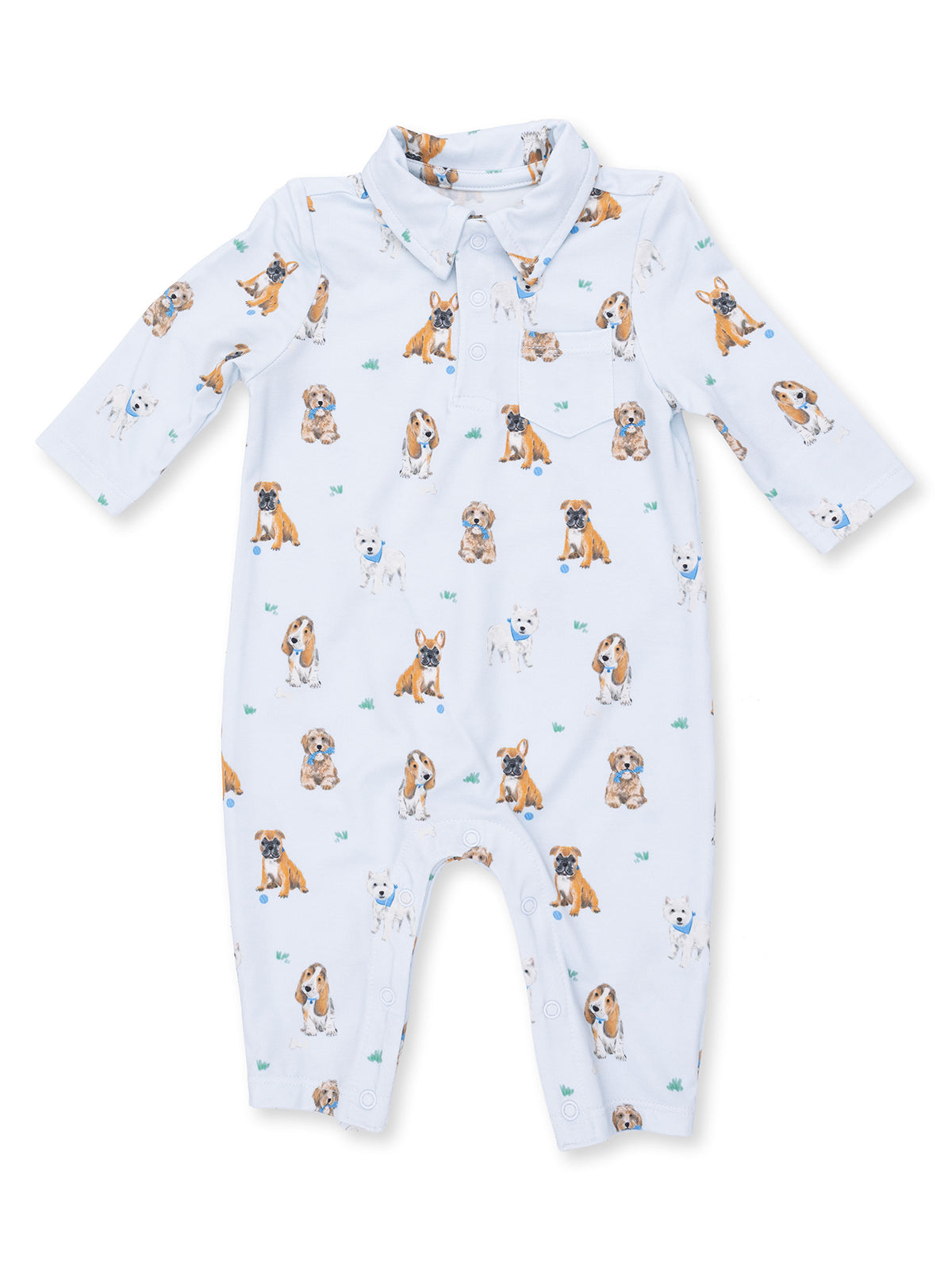 Light blue baby romper with a playful dog print, featuring various breeds and a classic collar design.
