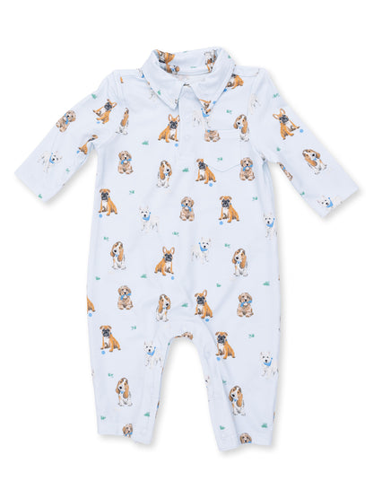 Light blue baby romper with a playful dog print, featuring various breeds and a classic collar design.