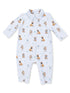 Light blue baby romper with a playful dog print, featuring various breeds and a classic collar design.