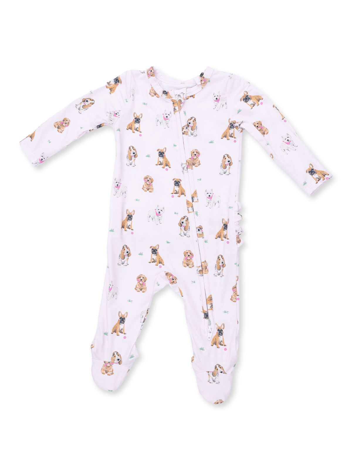 White onesie with playful dog prints in various colors and poses, designed for infants and toddlers.