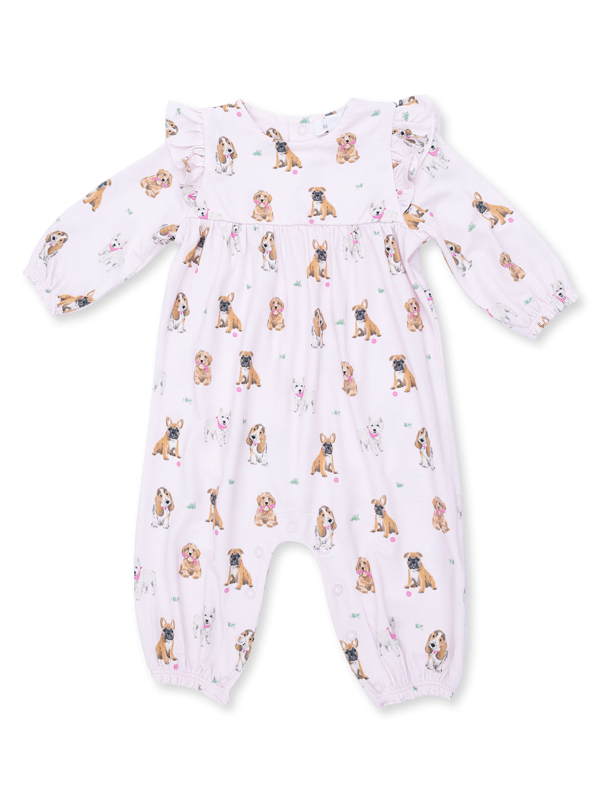 Light pink onesie with various dog prints, featuring long sleeves and ruffle details. Perfect for infants.