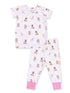 Kids' pajama set featuring a playful dog print on a white background with pink accents.
