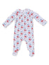 Floral-patterned baby romper with long sleeves and a collared neckline on a light blue background.