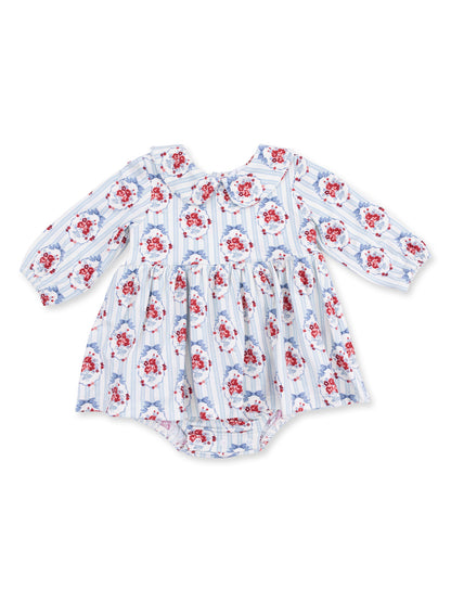 Floral baby dress with long sleeves, a collar, and a gathered skirt in blue and red colors.